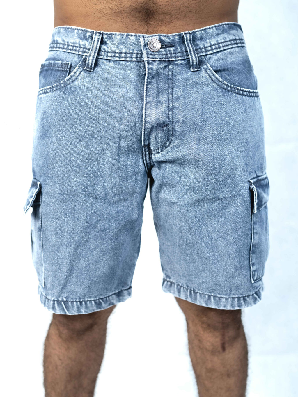 Premium Acid Wash Light Blue Cargo Denim Short