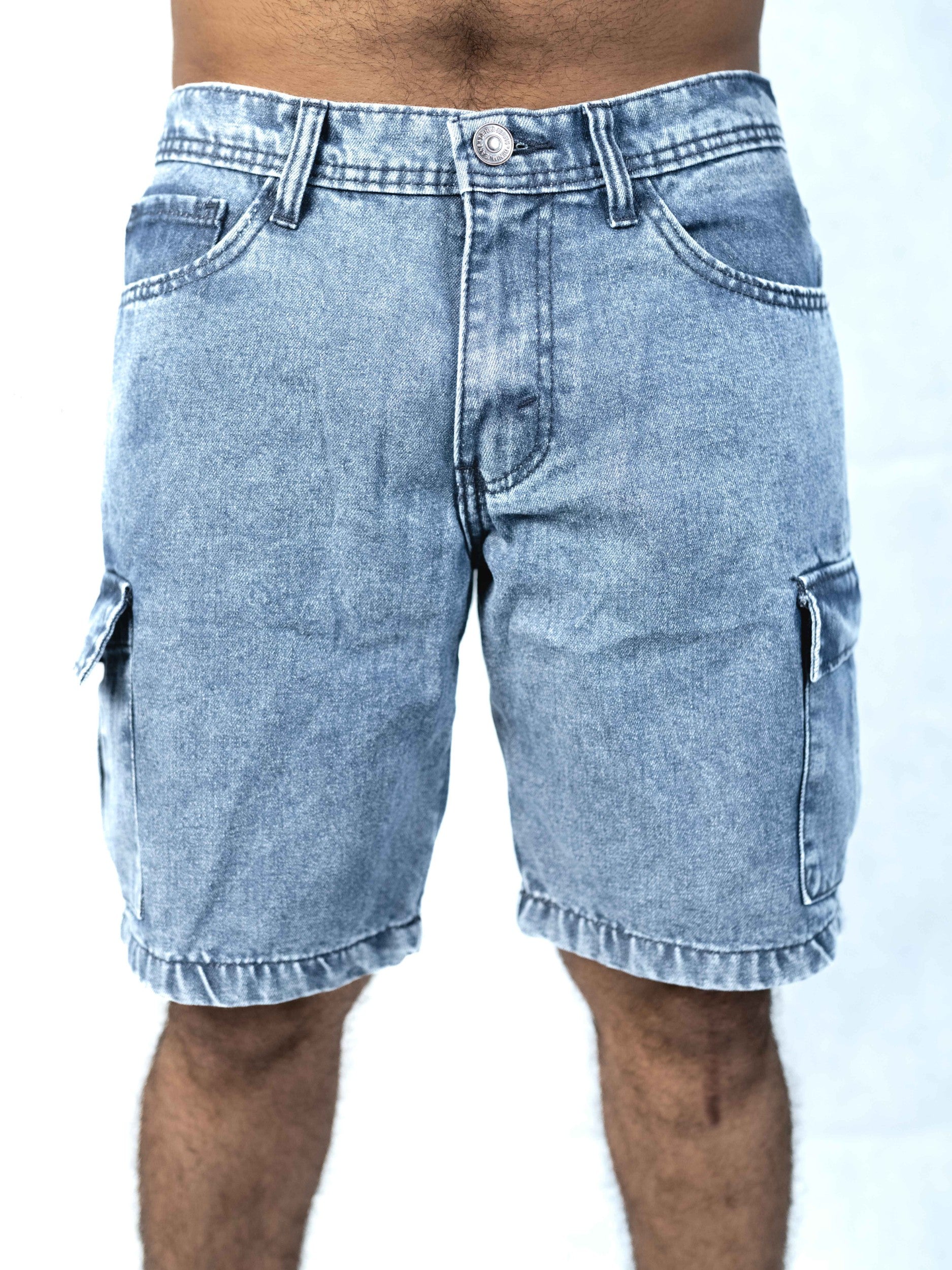 Premium Acid Wash Light Blue Cargo Denim Short