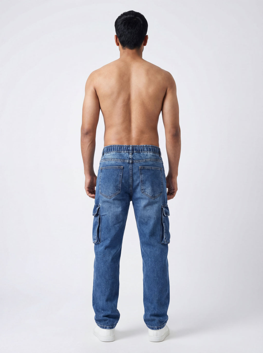 DARK BLUE ACID WASH CARGO DENIM JEANS PREMUIM