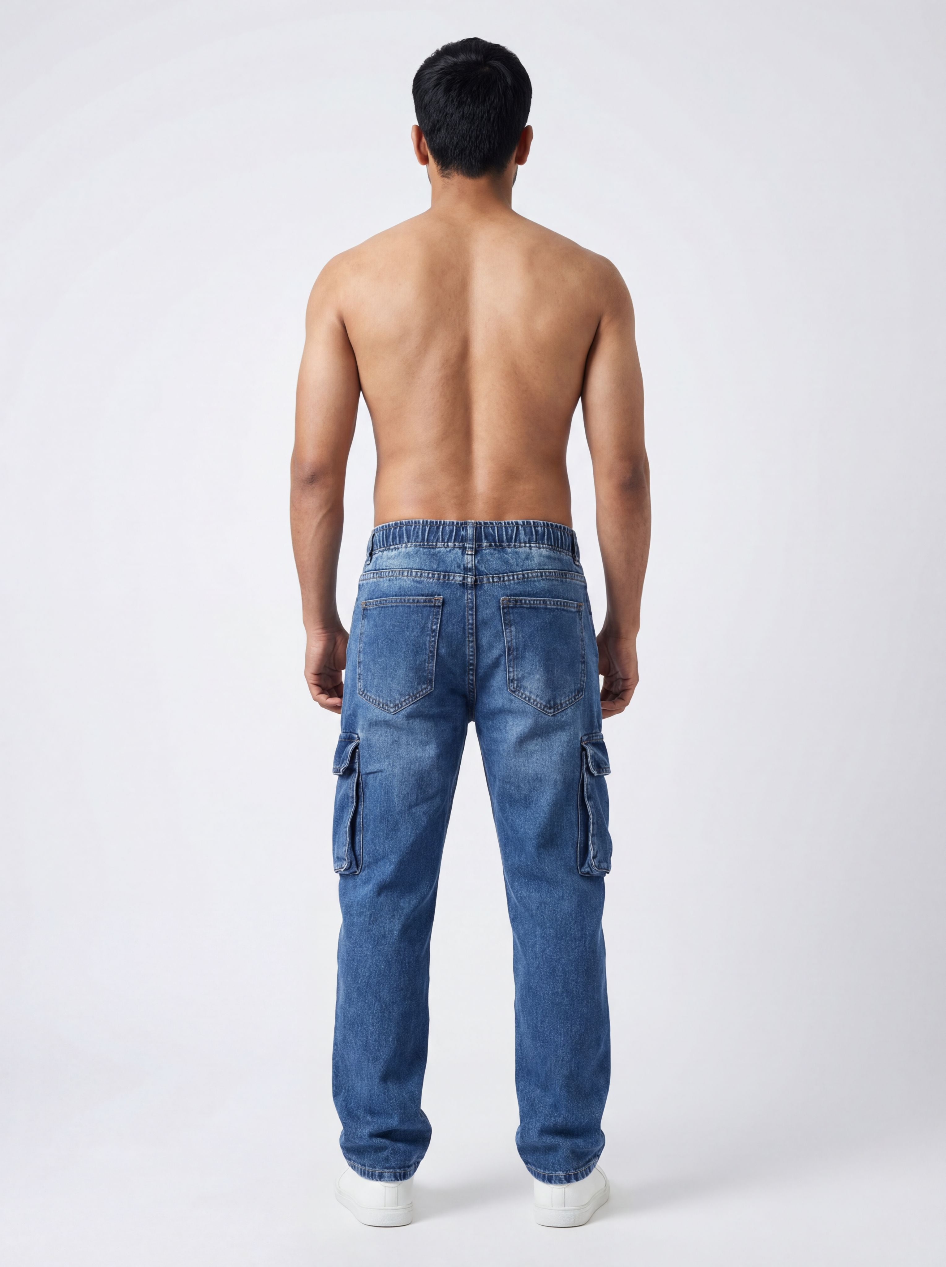 DARK BLUE ACID WASH CARGO DENIM JEANS PREMUIM