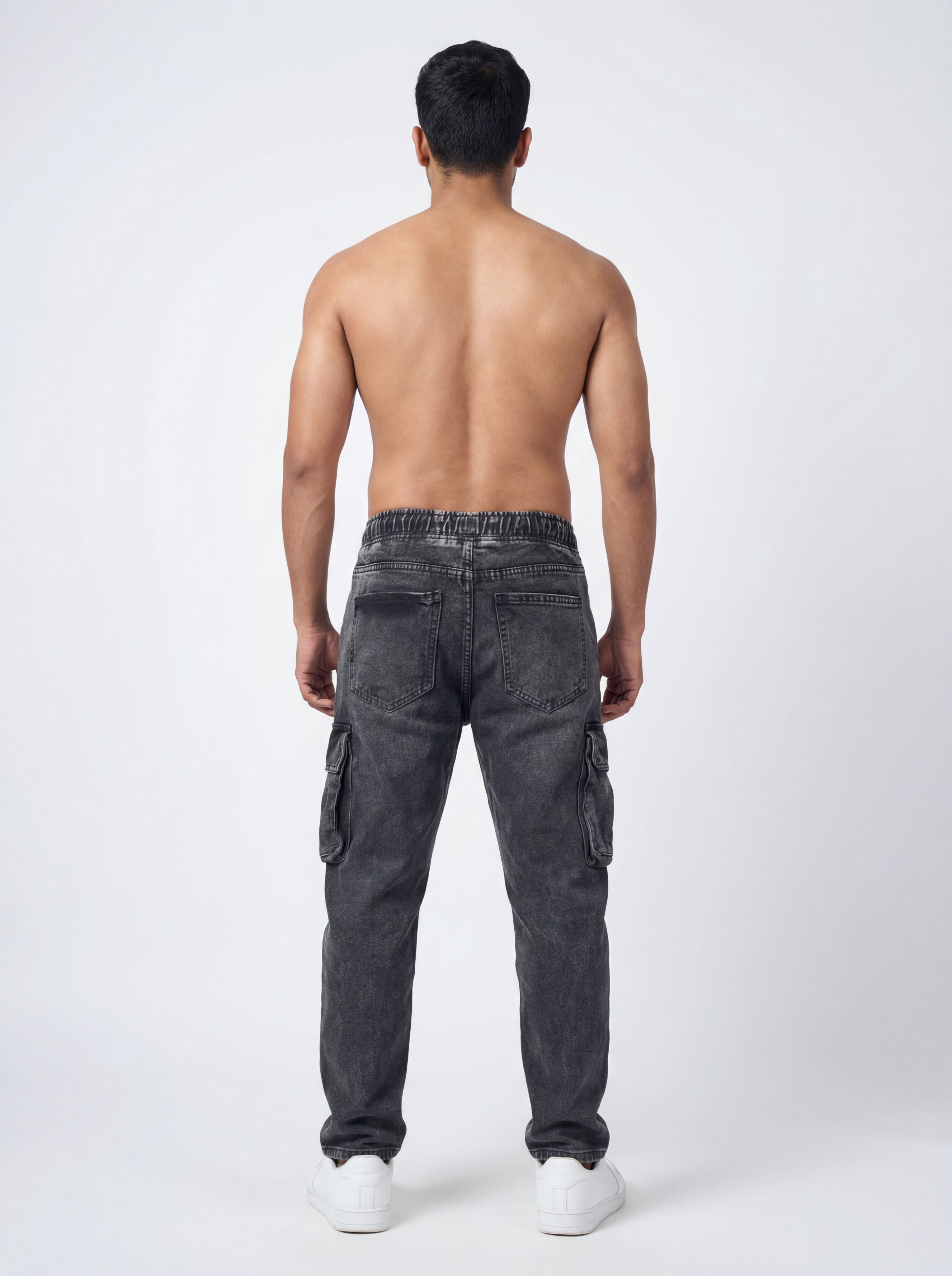 BLACK ACID WASH CARGO DENIM JEANS PREMUIM