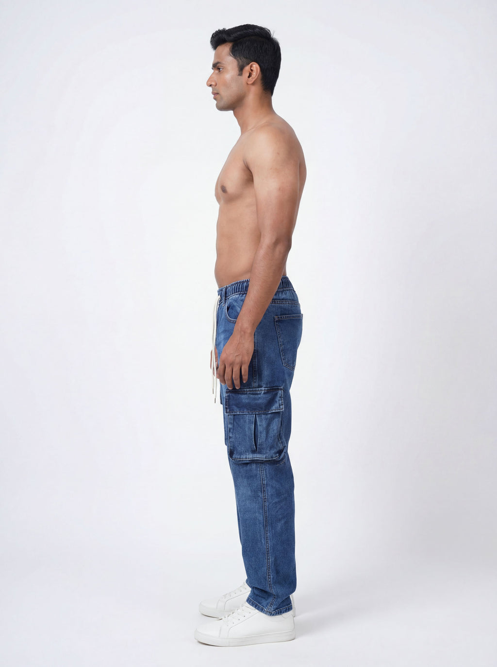 DARK BLUE ACID WASH CARGO DENIM JEANS PREMUIM