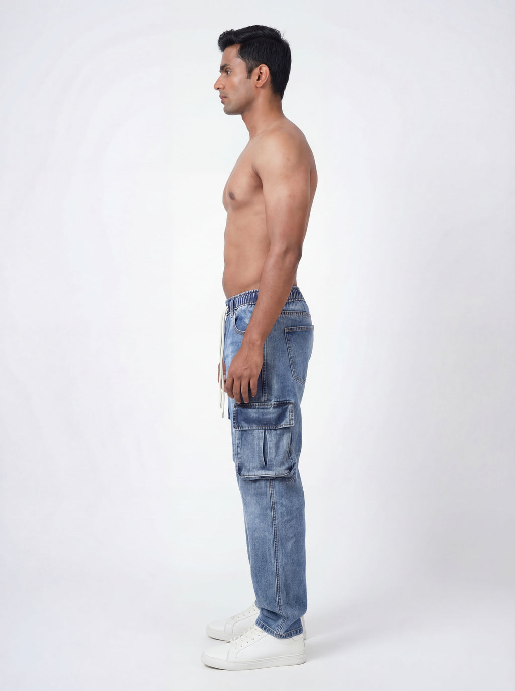 LIGHT BLUE ACID WASH CARGO DENIM JEANS PREMUIM