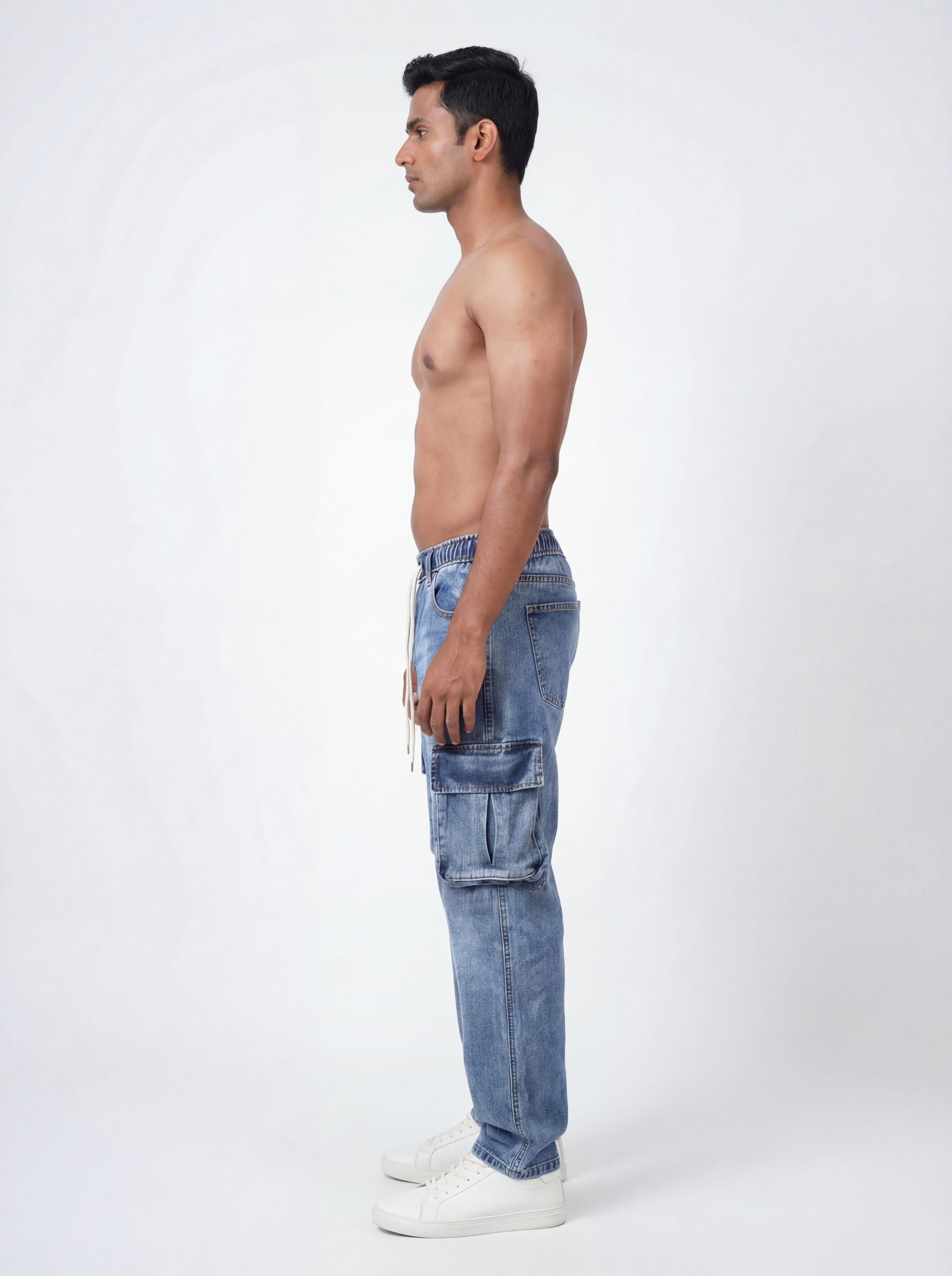 LIGHT BLUE ACID WASH CARGO DENIM JEANS PREMUIM