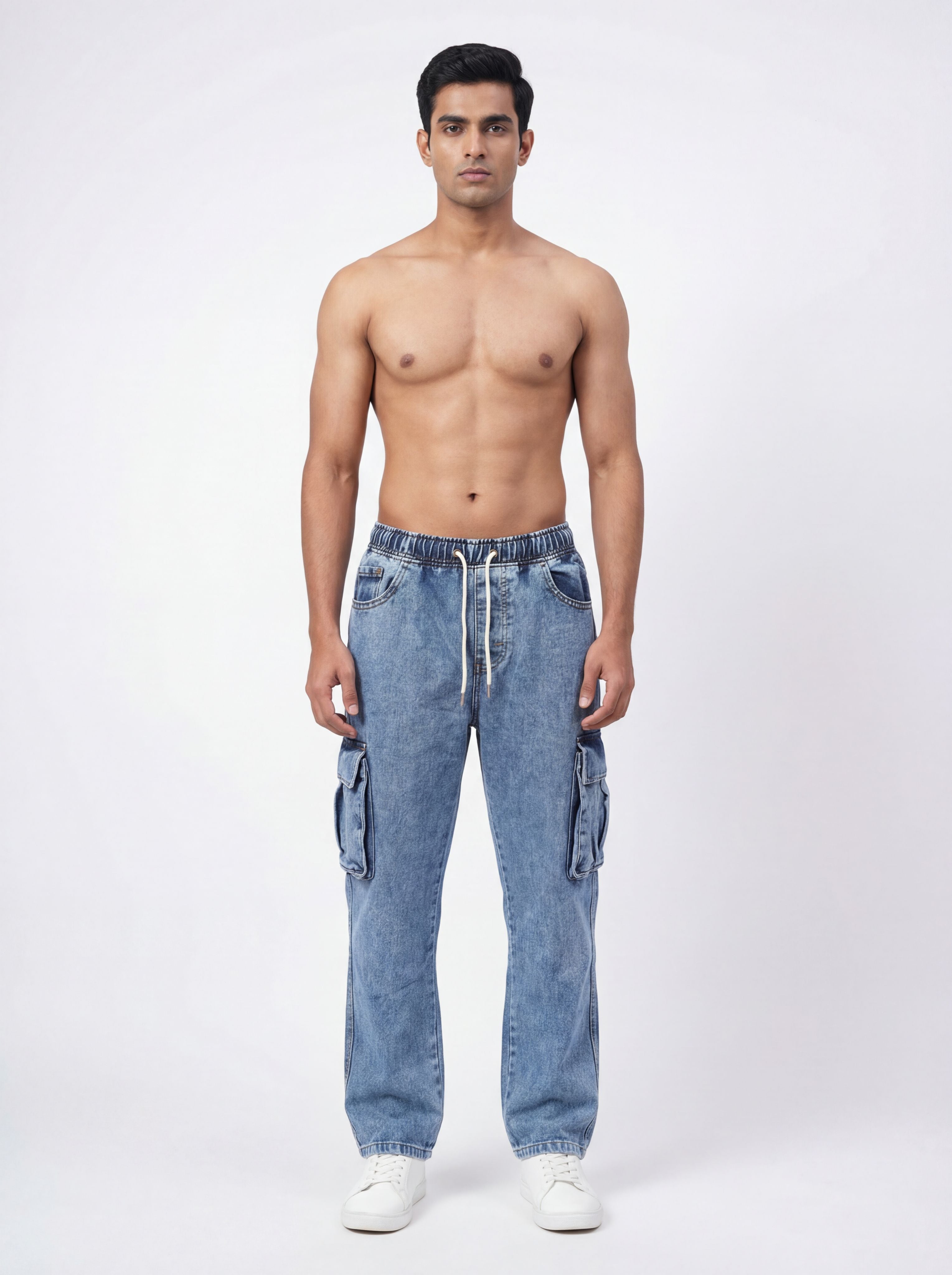 LIGHT BLUE ACID WASH CARGO DENIM JEANS PREMUIM