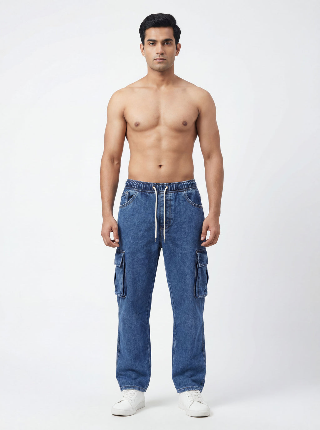 DARK BLUE ACID WASH CARGO DENIM JEANS PREMUIM