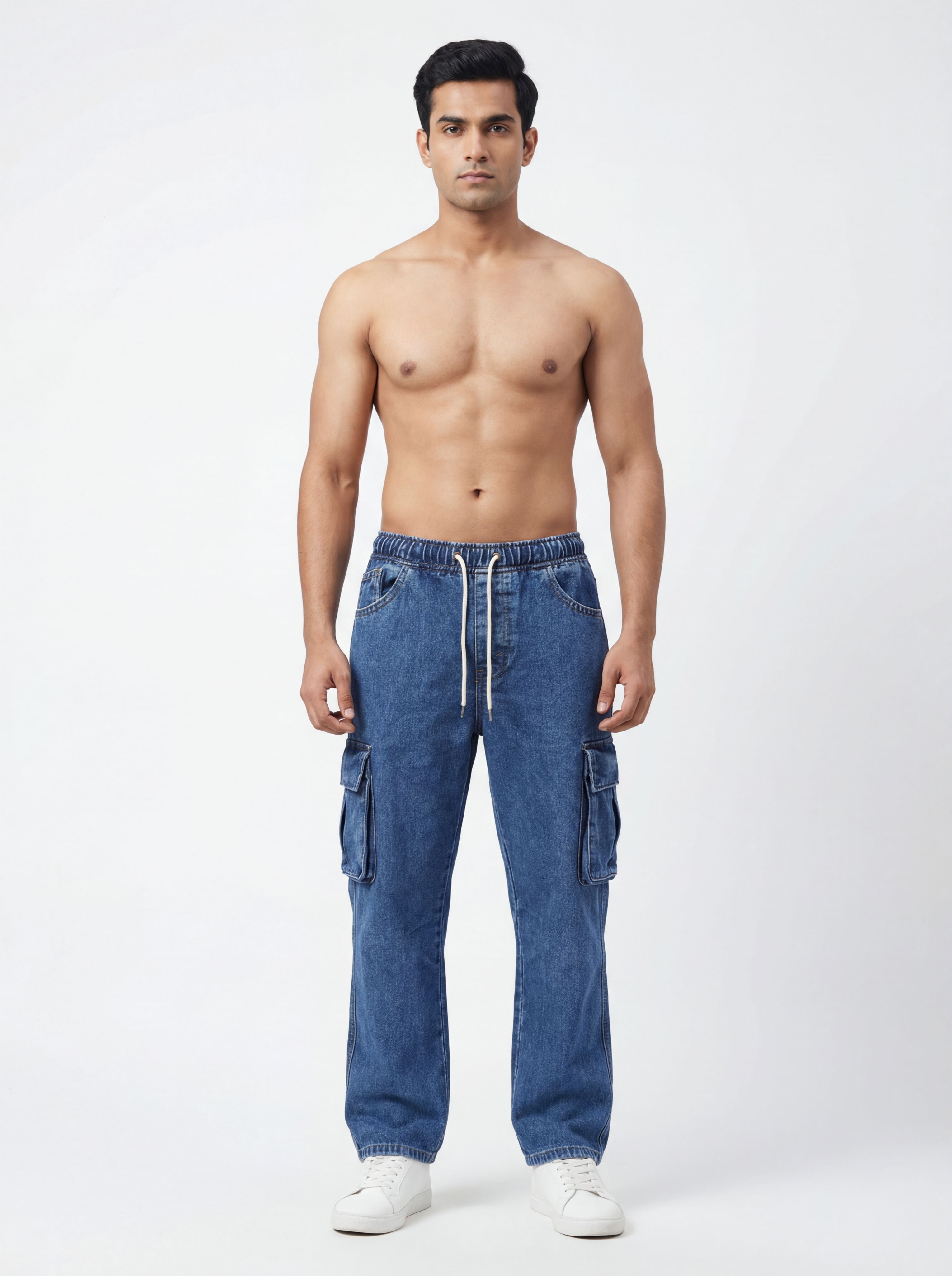 DARK BLUE ACID WASH CARGO DENIM JEANS PREMUIM
