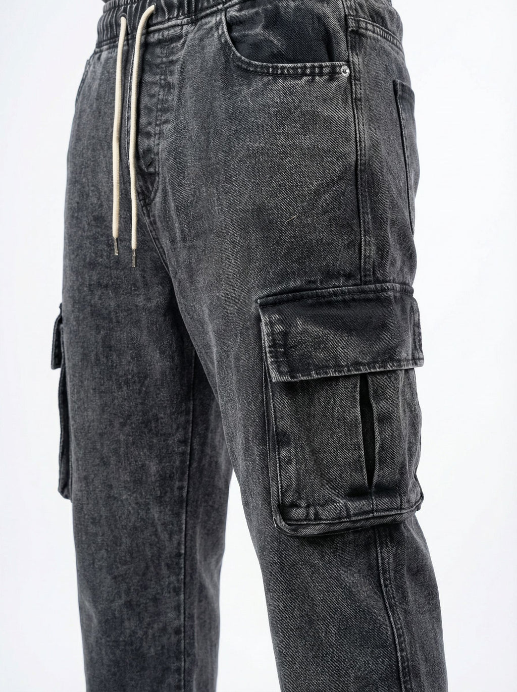 BLACK ACID WASH CARGO DENIM JEANS PREMUIM