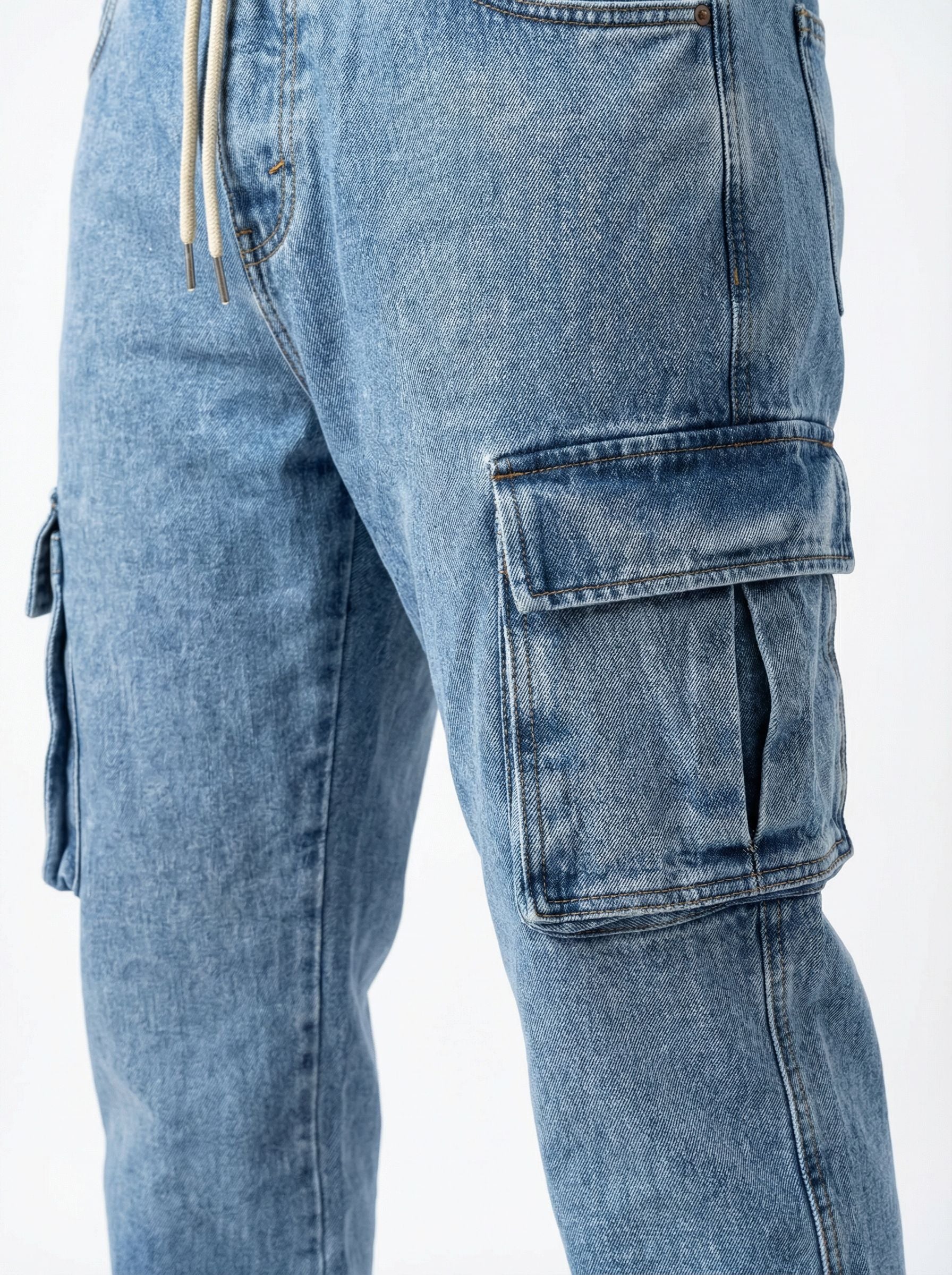 LIGHT BLUE ACID WASH CARGO DENIM JEANS PREMUIM