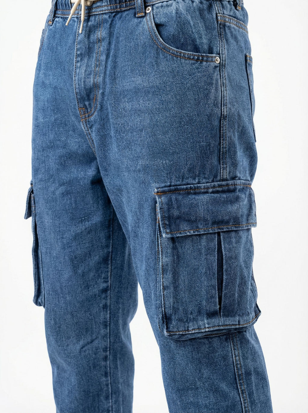 DARK BLUE ACID WASH CARGO DENIM JEANS PREMUIM