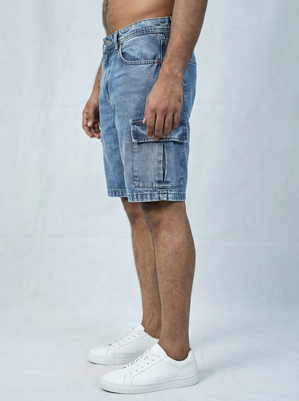 Premium Acid Wash Light Blue Cargo Denim Short