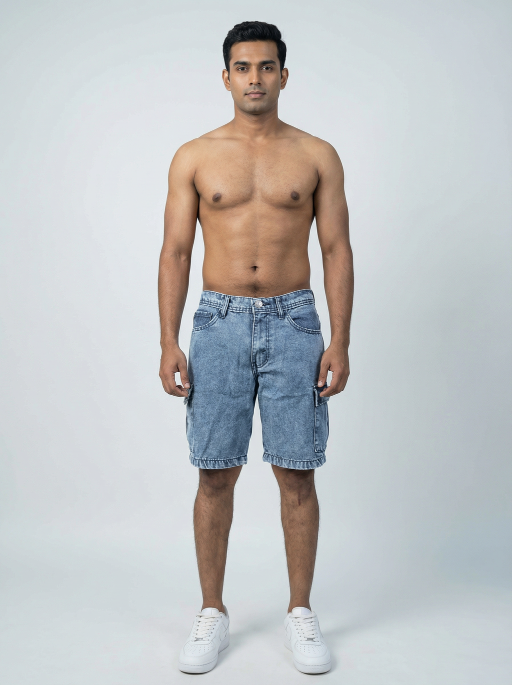 Premium Acid Wash Light Blue Cargo Denim Short