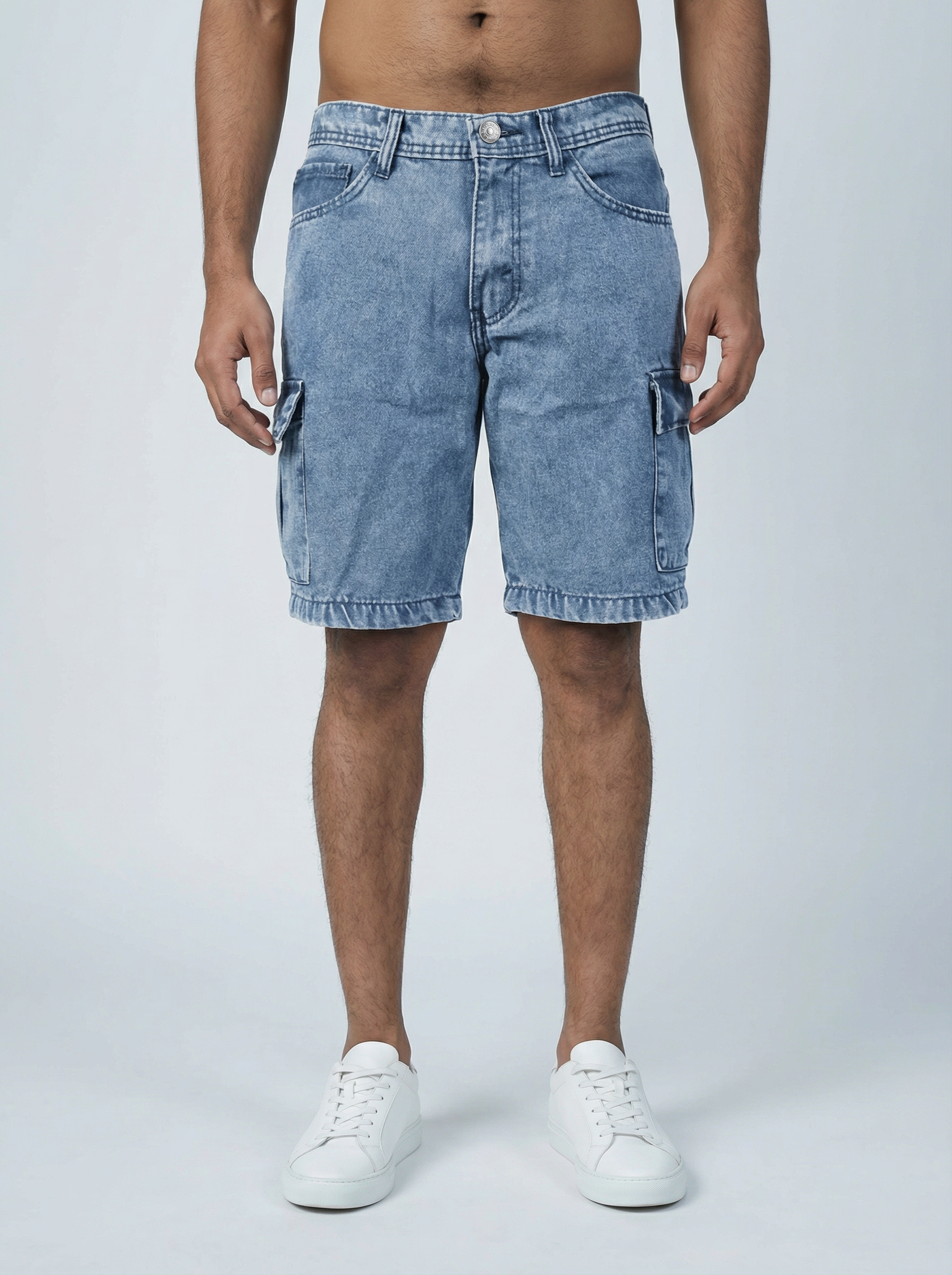 Premium Acid Wash Light Blue Cargo Denim Short